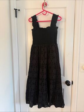 Quince Black Eyelet Smocked Midi Dress